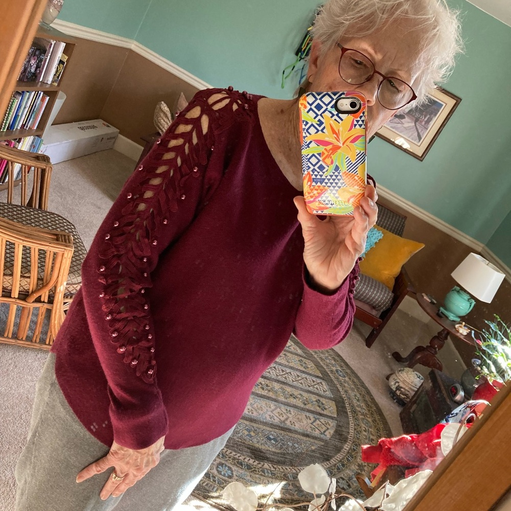 Women's Burgundy Sweater with open work Sleeves bust 44” waist 39”sleeve 21”